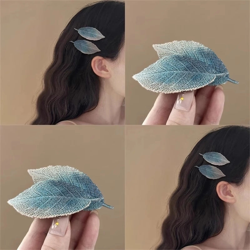 Cute Butterfly Fresh Girl Embroidered Leaf Hair Clip Women Bangs Broken Hair BB Clip Elegant Temperament Gradient Side Hair Clip