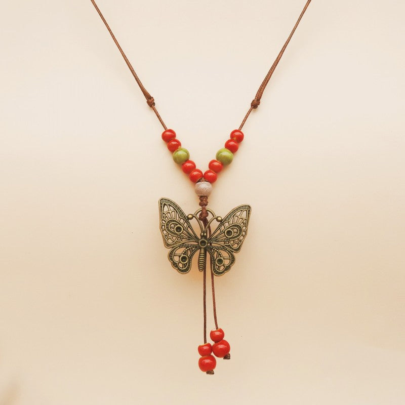 Butterfly Ethnic Style Ceramic Long Sweater Chain Women's Ancient Style Pendant Retro Chinese Style Butterfly Necklace Wholesale