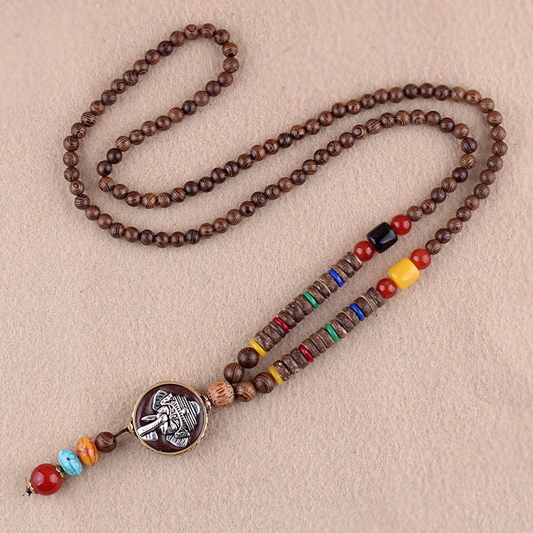 Ethnic Style Retro Long Wooden Sweater Chain Bodhi Pendant Wooden Bead Necklace Men's and Women's Cotton and Linen Pendant Accessories Wholesale