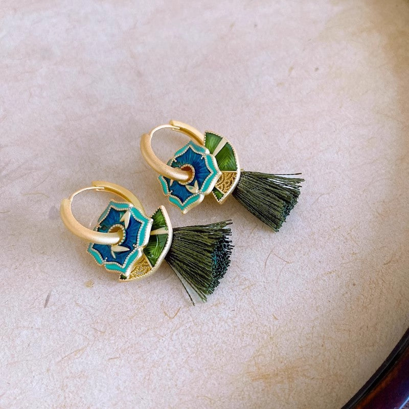Chinese Style Enamel Drop Glaze Fan Earrings for Women, Niche High-end Design, Multi-wear Painted Earrings